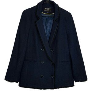 Helene Berman London x Anthropologie Tweed Double-Breasted Blazer, Navy Blue 10